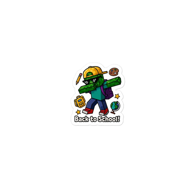 Sticker of a character with a backpack and 'Back to School!' text on a white background