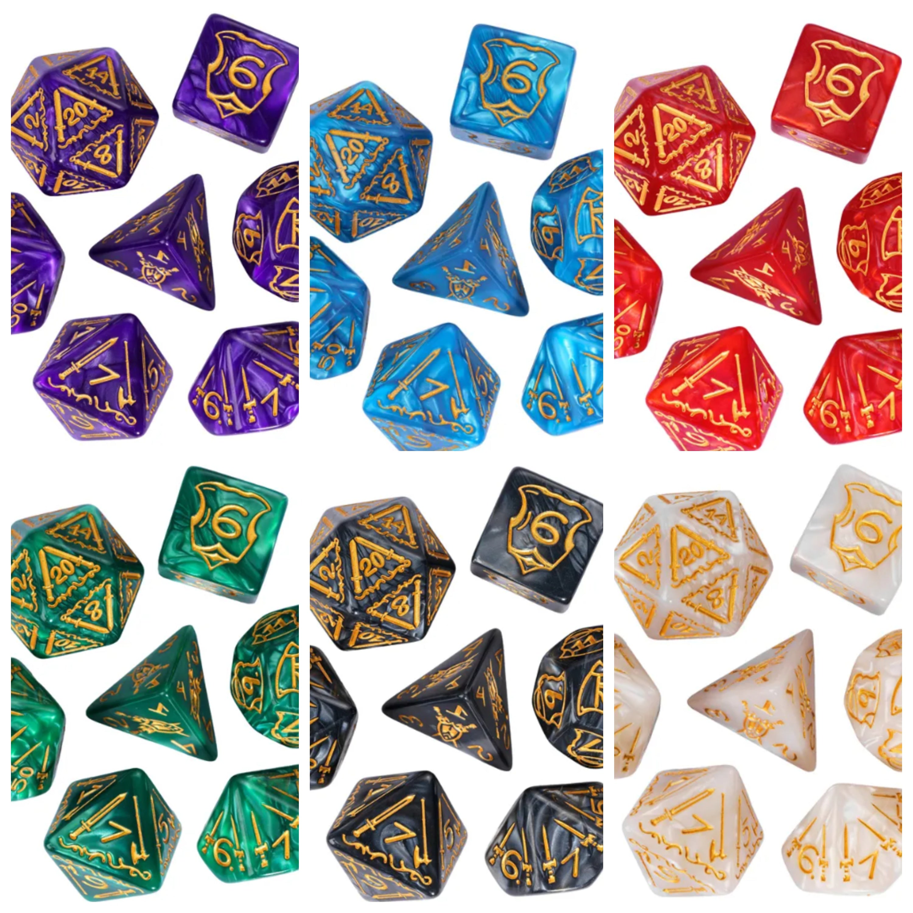 Collection of polyhedral dice in various colors with gold numbering on a white background