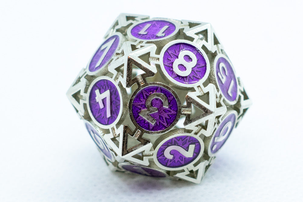 D20 polyhedral dice with purple numbers on a white background