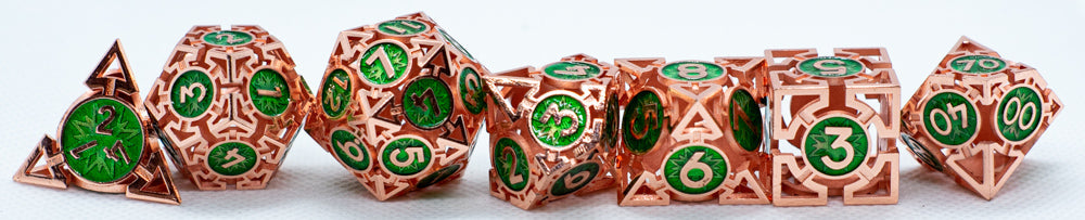 Set of metallic dice with green numbers on a white background