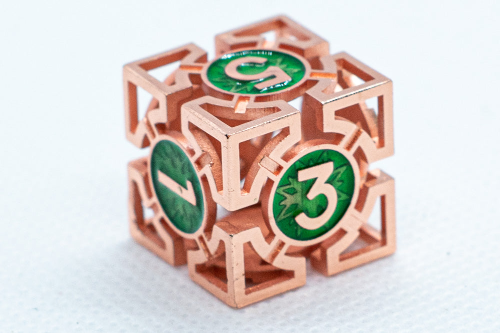 Copper and green puzzle cube on a white background