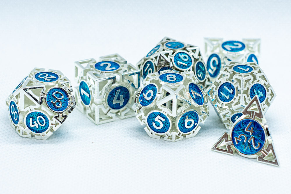 Set of polyhedral dice with blue numbers on a white background