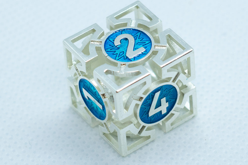 Decorative dice with blue numbers on a light gray background