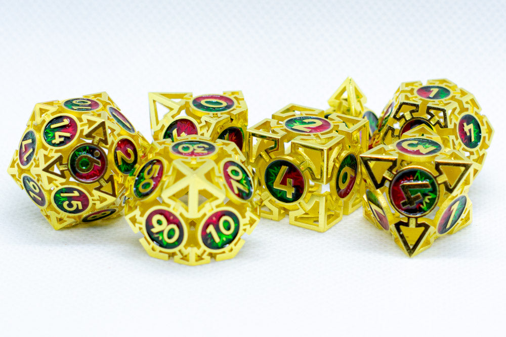 Set of gold polyhedral dice with colorful faces on a white background