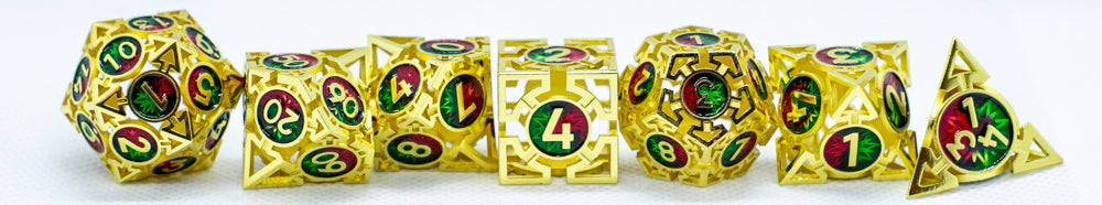 Set of gold polyhedral dice with colorful faces on a white background
