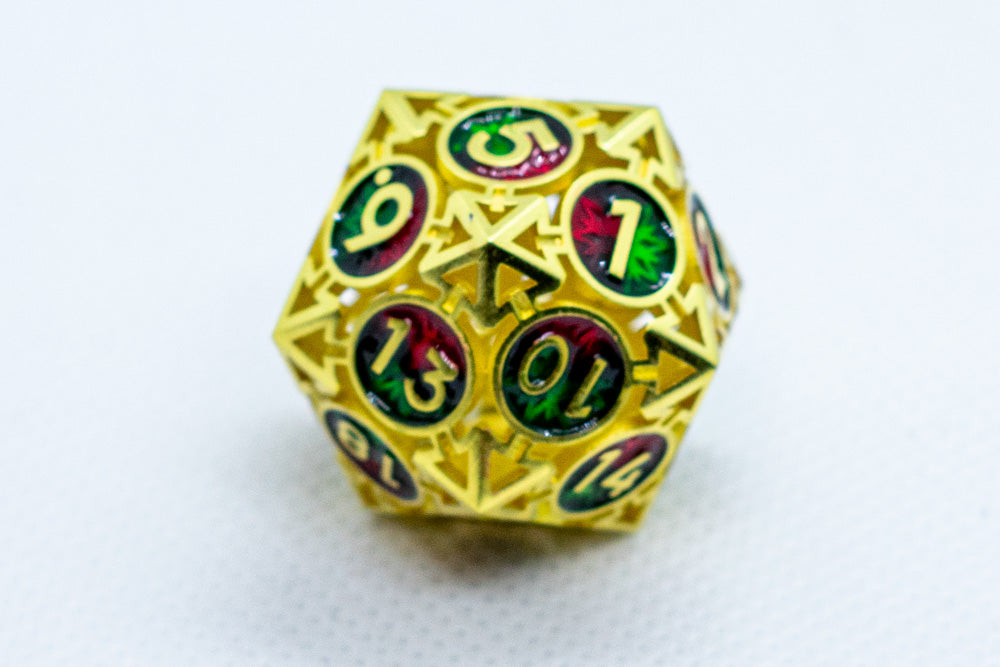 Gold polyhedral dice with colorful numbers on a white background