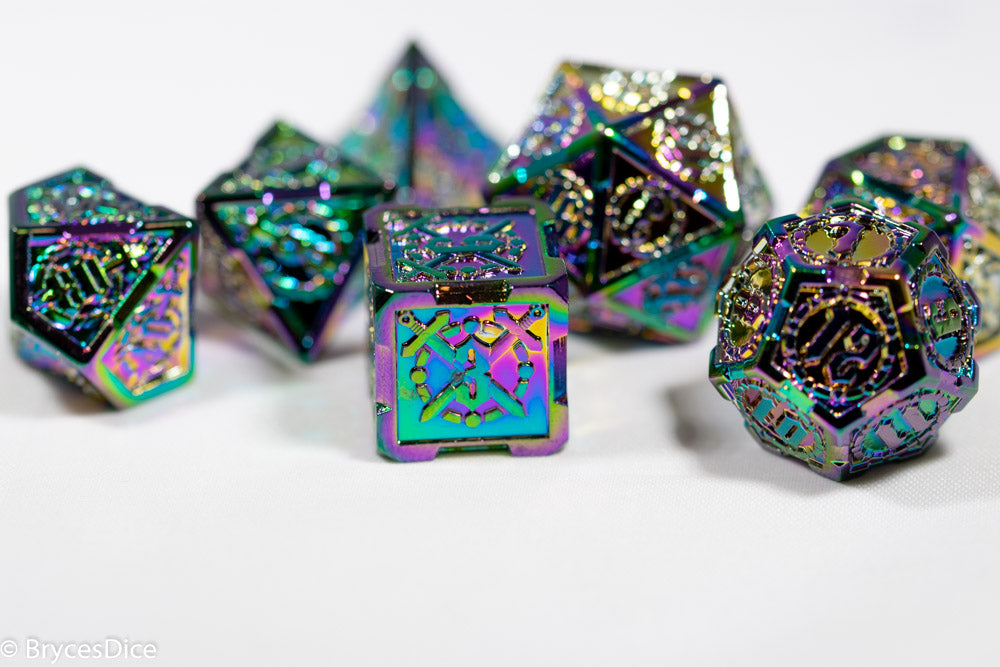 Multicolored polyhedral dice set on a white background