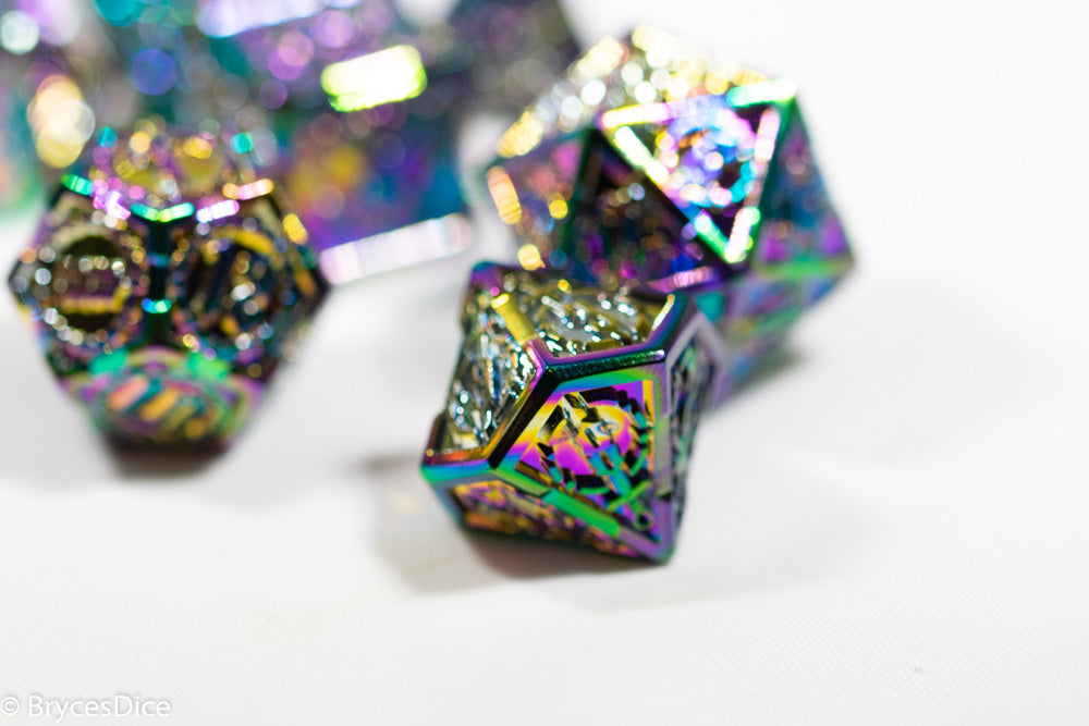 Iridescent polyhedral dice on a white background
