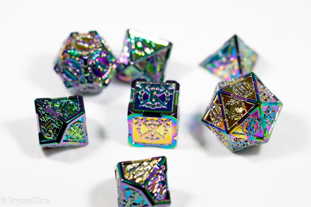Set of colorful polyhedral dice on a white background