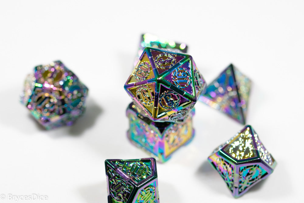 Set of colorful polyhedral dice on a white background