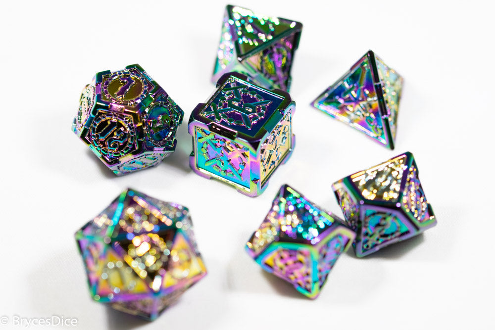 Set of colorful polyhedral dice on a white background