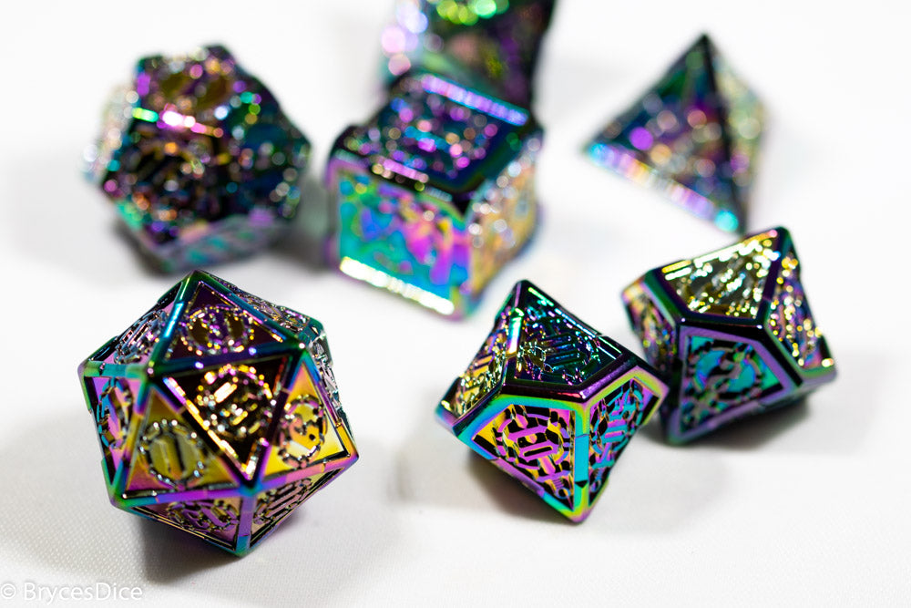 Set of colorful polyhedral dice on a white background