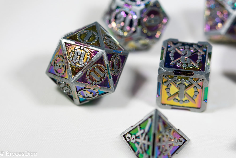 Multicolored polyhedral dice on a white background