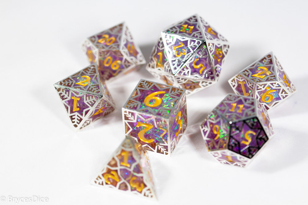 Set of dice with decorative patterns on a white background