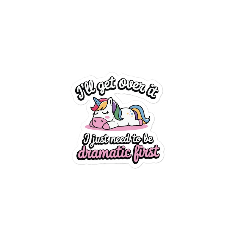 Sticker with a unicorn and humorous text on a white background