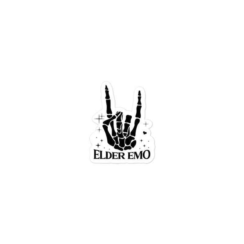 Sticker with a hand making a rock sign and 'Elder Emo' text on a white background