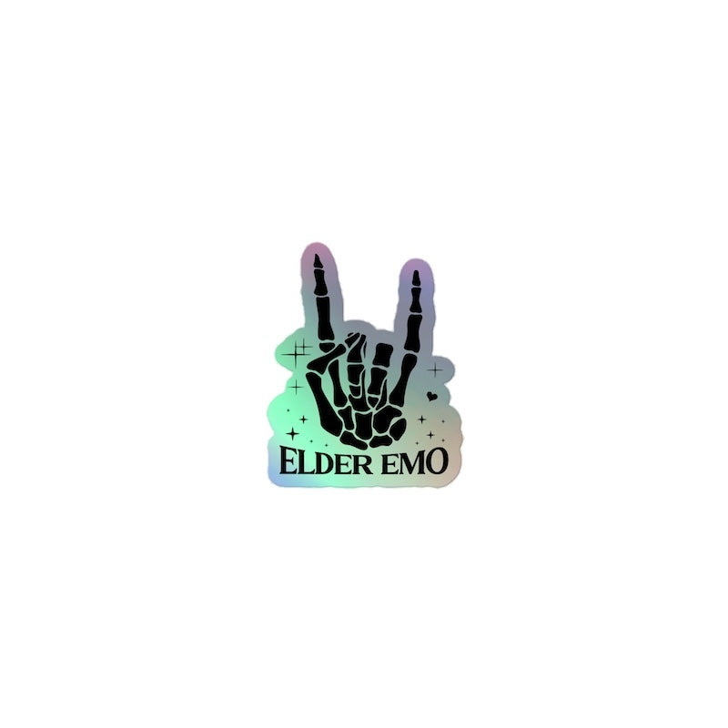 Sticker with hand sign and 'Elder Emo' text on a gradient background