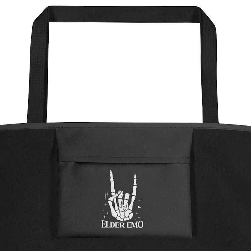Black tote bag with 'Elder Emo' design on a white background