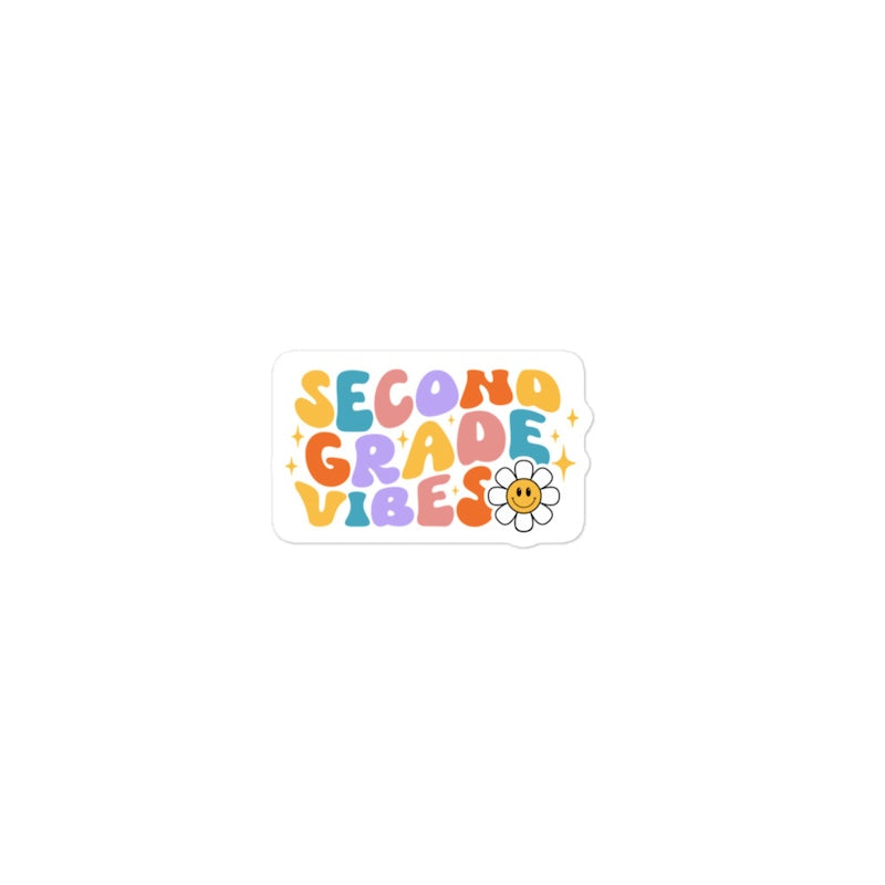 Colorful 'SECOND GRADE VIBES' text with a flower on a white background