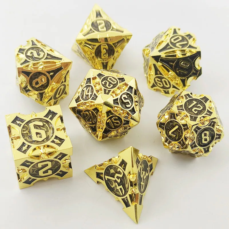 Gold polyhedral dice set on a white background