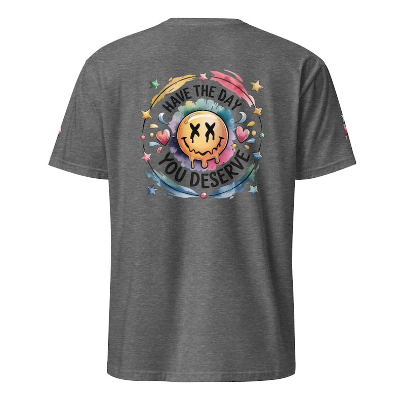 Gray t-shirt with a colorful graphic and text on the back against a white background