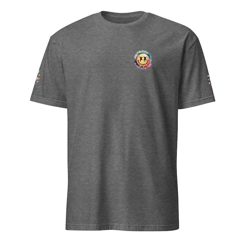 Gray t-shirt with a colorful logo on the chest against a white background