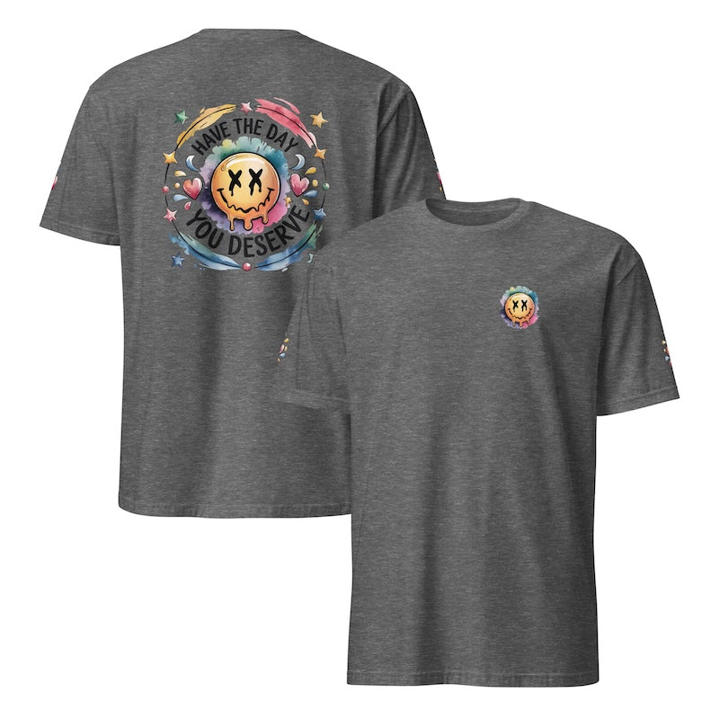 Gray t-shirt with colorful graphic design on front and back