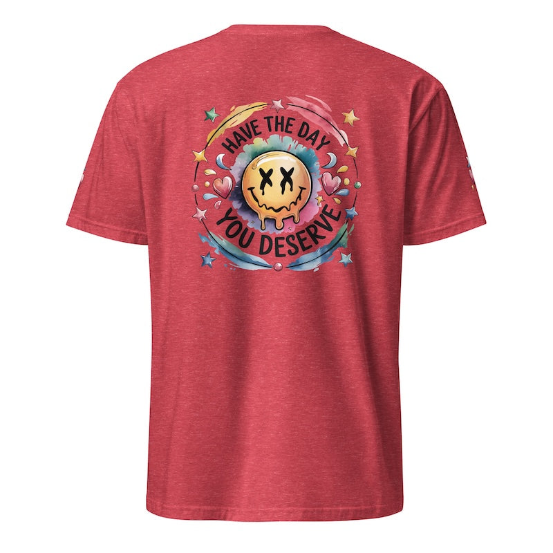 Red t-shirt with a colorful graphic and text on the back against a white background