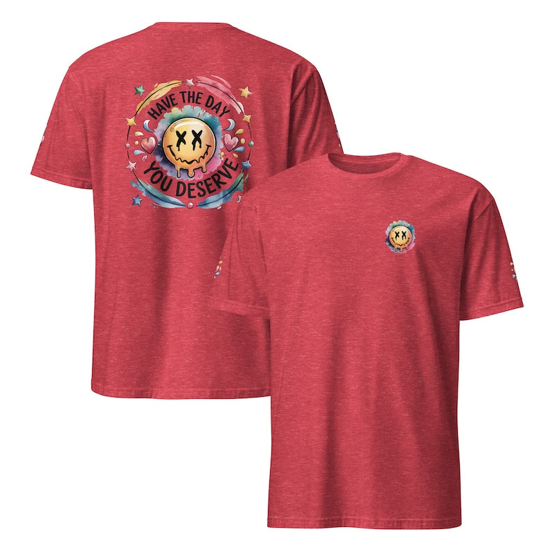 Red t-shirt with graphic design on front and back