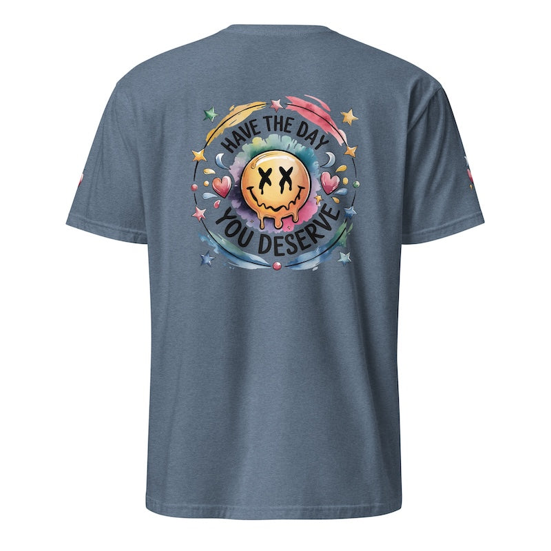 Gray t-shirt with a colorful graphic and text on the back against a white background