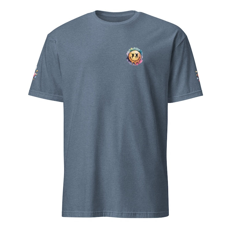Blue t-shirt with a colorful logo on the chest against a white background