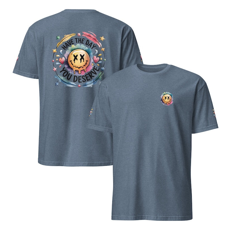Blue t-shirt with colorful graphic on front and back