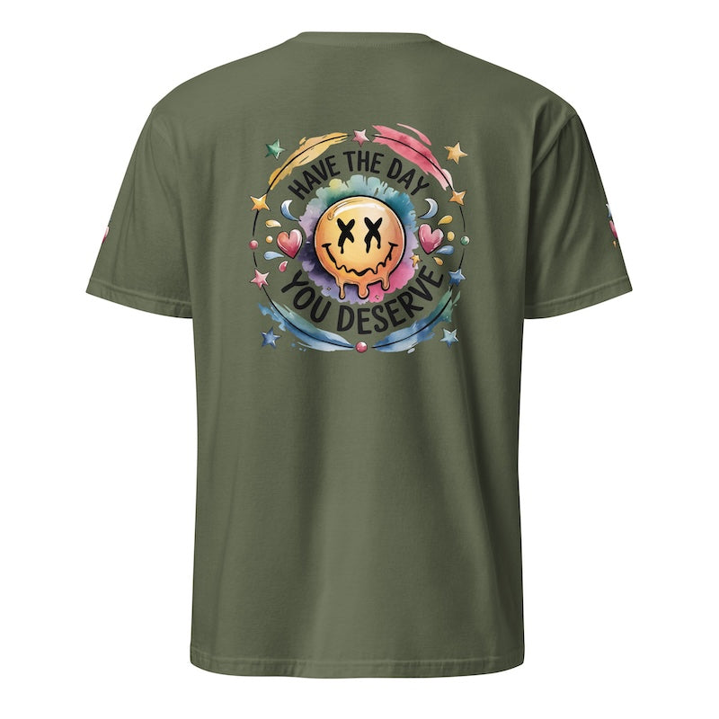 Green t-shirt with a colorful graphic and text on the back against a white background