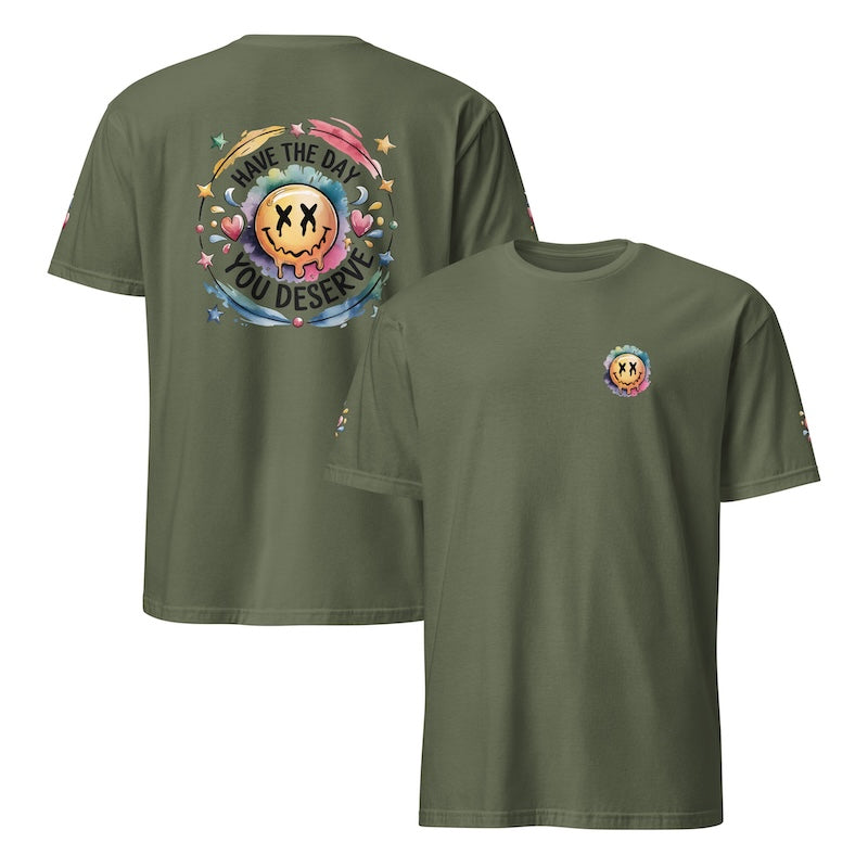 Green t-shirt with a colorful graphic on the front and back