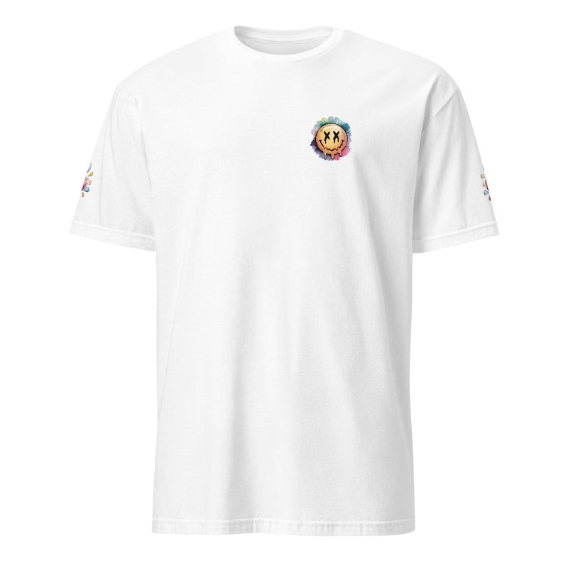 White t-shirt with colorful graphic on a white background