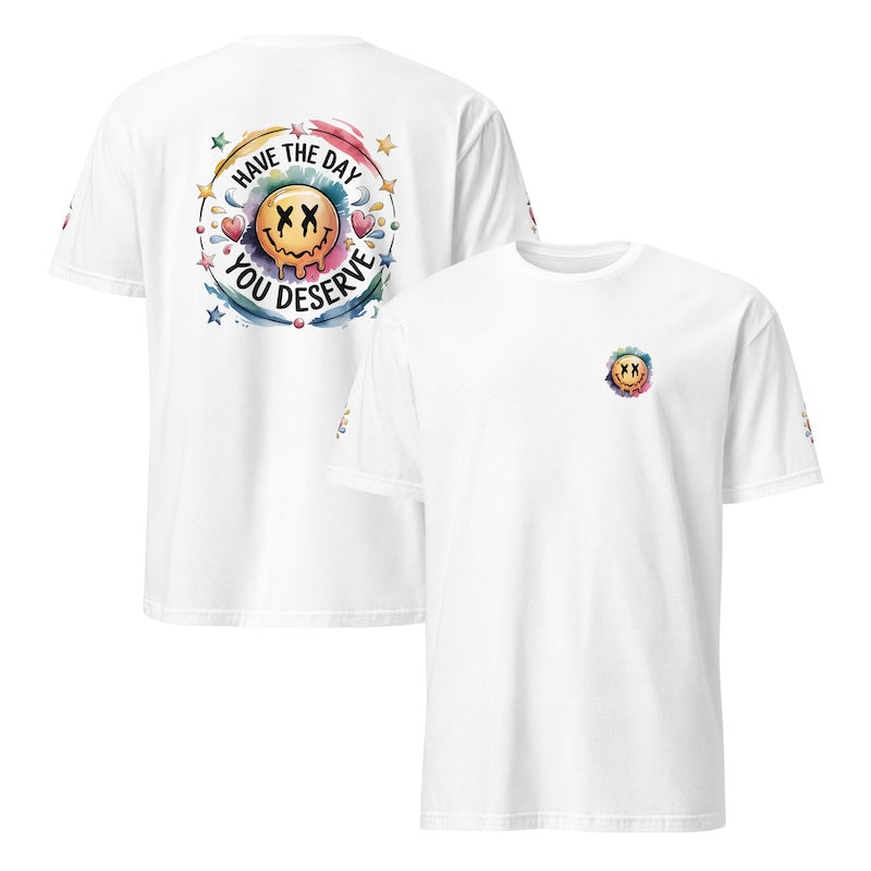 Two white t-shirts with colorful designs on a white background