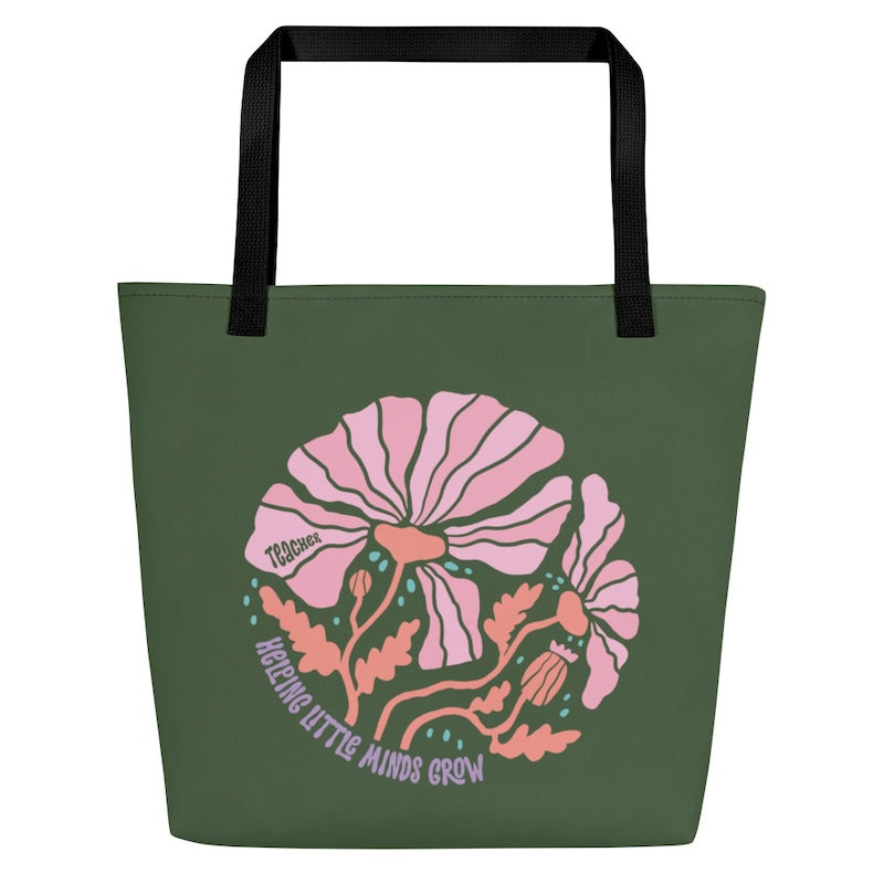 Green tote bag with pink floral design and text on a white background