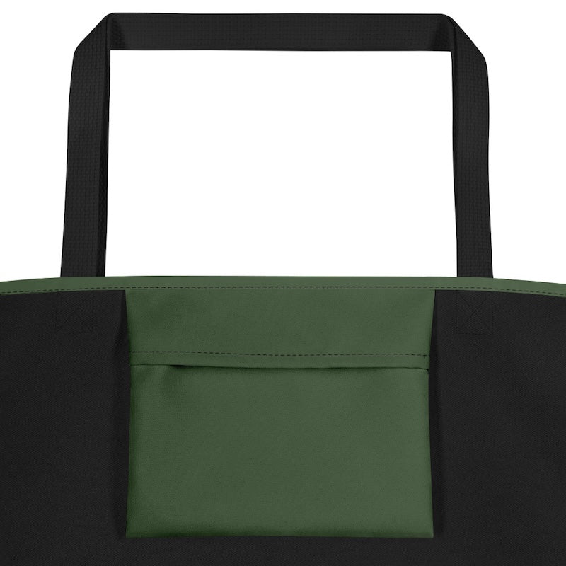 Green and black tote bag with a clear window on a white background
