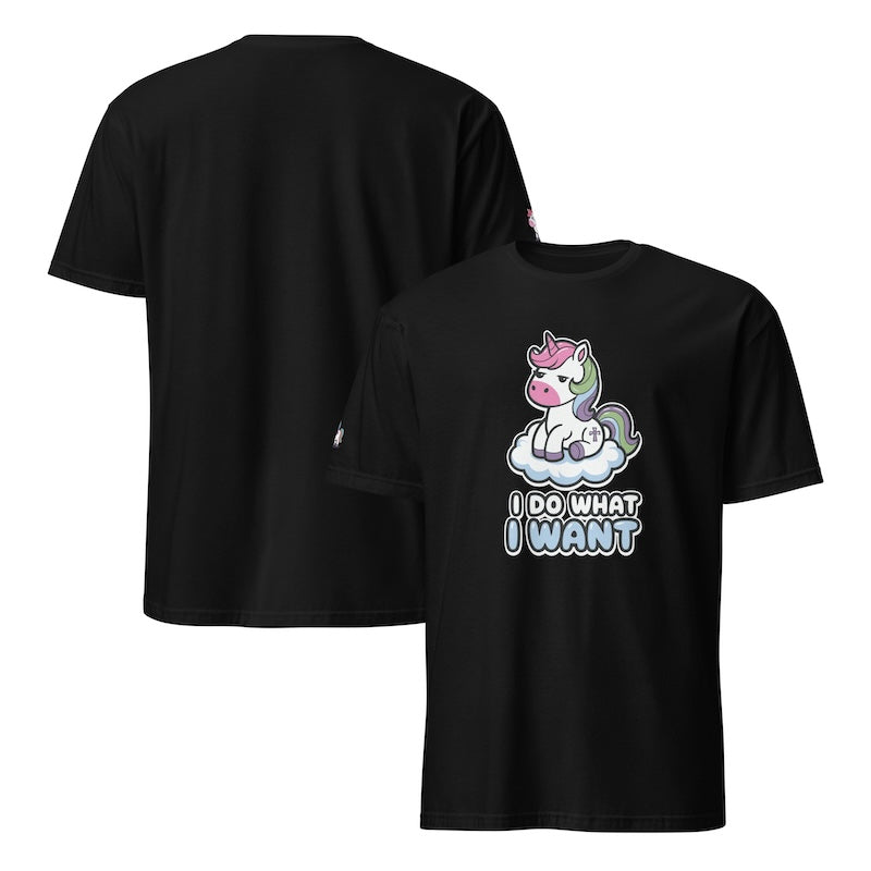 Black t-shirt with a unicorn graphic and 'I Do What I Want' text on a white background