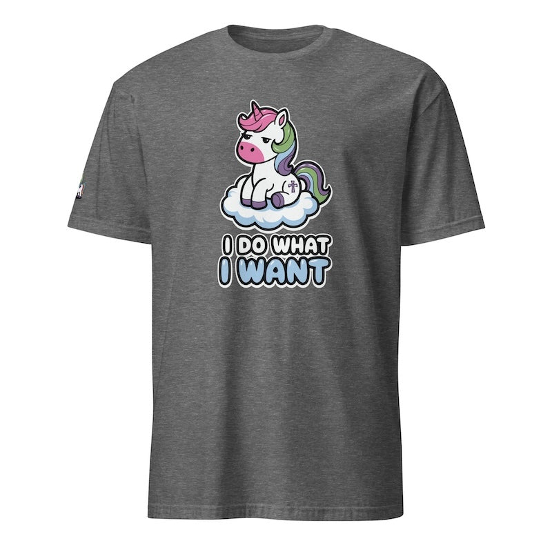 Gray t-shirt with a unicorn graphic and text on a white background