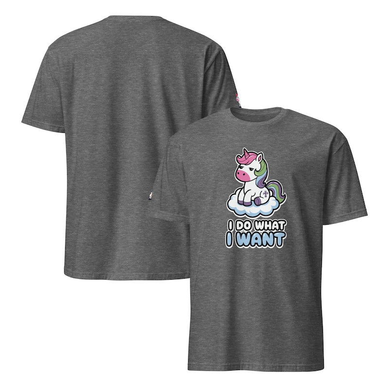Gray t-shirt with a unicorn graphic and 'I Do What I Want' text on the front, shown from both front and back views.