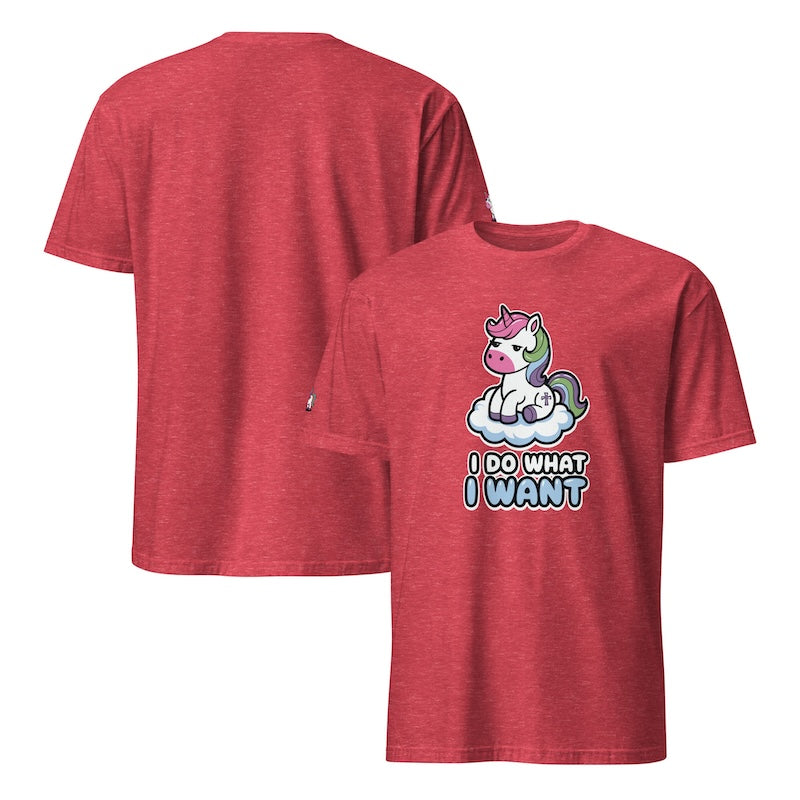 Red t-shirt with a unicorn graphic and 'I Do What I Want' text on a white background