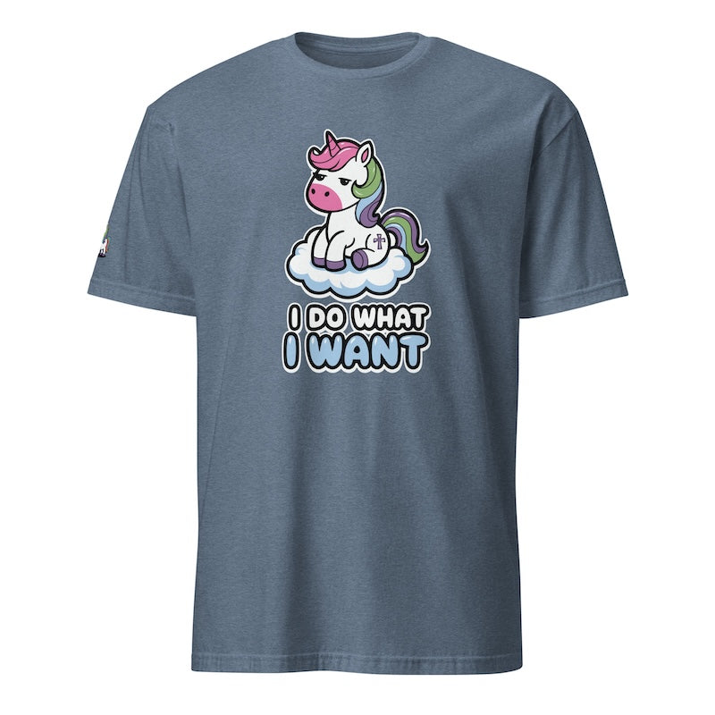 Blue t-shirt with a unicorn graphic and 'I do what I want' text on a white background