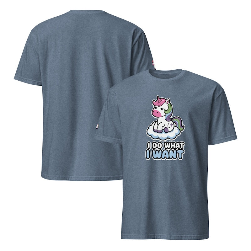 Blue t-shirt with a unicorn graphic and 'I Do What I Want' text on a white background