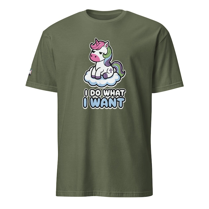 Green t-shirt with a unicorn graphic and 'I do what I want' text on a white background