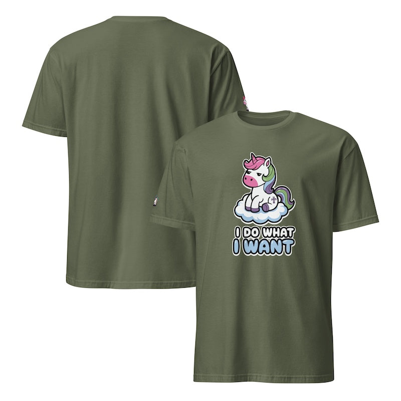 Green t-shirt with a unicorn graphic and 'I Do What I Want' text on a white background