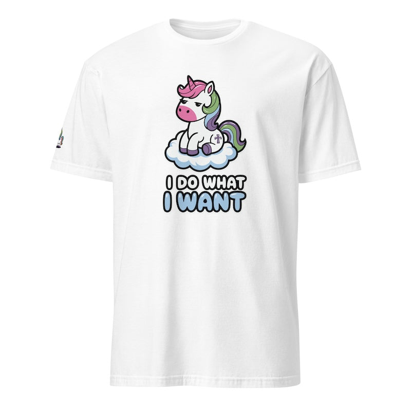 White t-shirt with a unicorn graphic and 'I do what I want' text on a white background