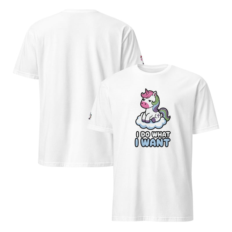 White t-shirt with a unicorn graphic and 'I Do What I Want' text on a white background