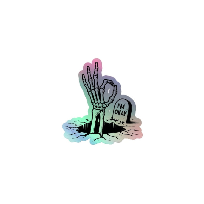 Gradient sticker with skeleton hand and tombstone on a white background