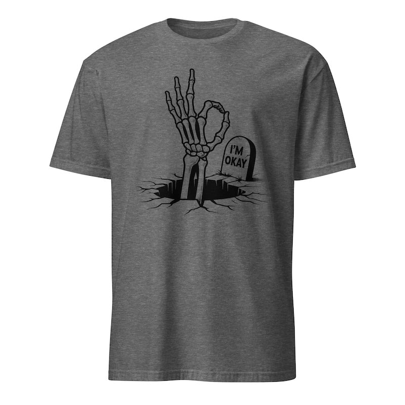 Gray t-shirt with a skeleton hand and gravestone graphic on a white background